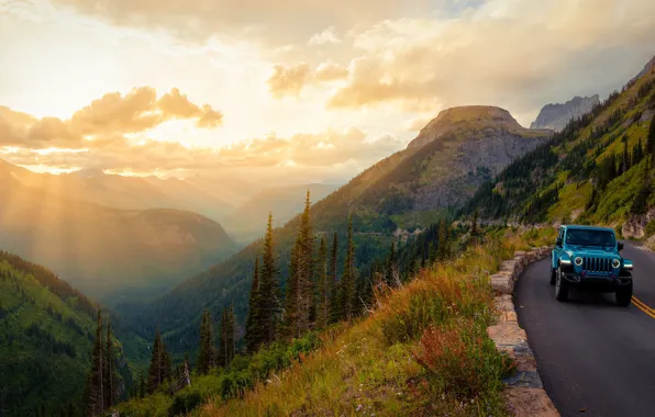 Road, machine, forest, grass, clouds, rays, light, mountains