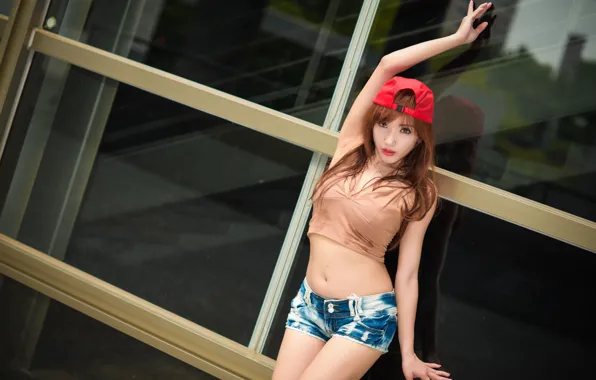 Picture pose, look, background, figure, face, hair, shorts, cap