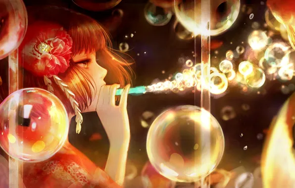 Flower, girl, bubbles, anime, art, profile, romiy