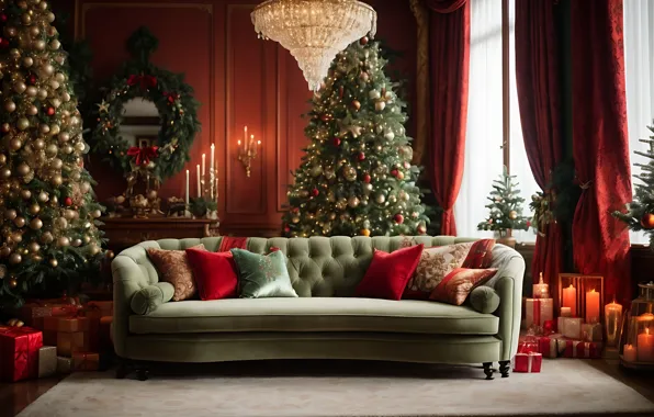 Picture decoration, room, balls, tree, interior, New Year, Christmas, gifts