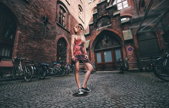 Girl, pose, model, sneakers, home, makeup, slim, dress