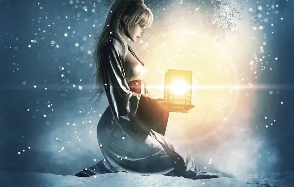 Picture winter, girl, light, snow, art, lantern, sitting