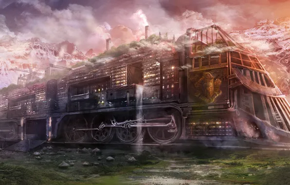 Picture mountains, the city, building, train, waterfall, art