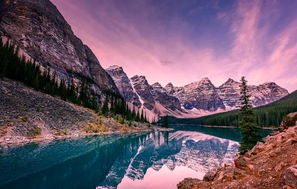 Trees, mountains, lake, stones, rocks, Banff National Park, Alberta, Canada