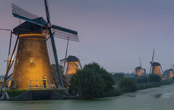 The sky, trees, the evening, channel, Netherlands, windmill