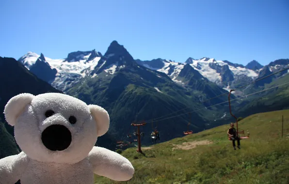 Mountains, nature, mood, toy, bear, journey, Dombay