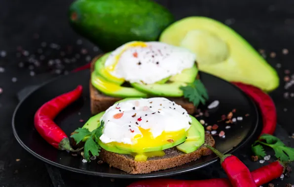Scrambled eggs, sandwich, spices, avocado