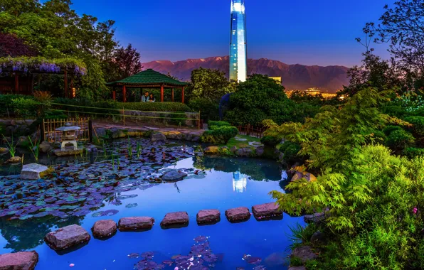 Greens, the sky, trees, landscape, mountains, lights, pond, stones