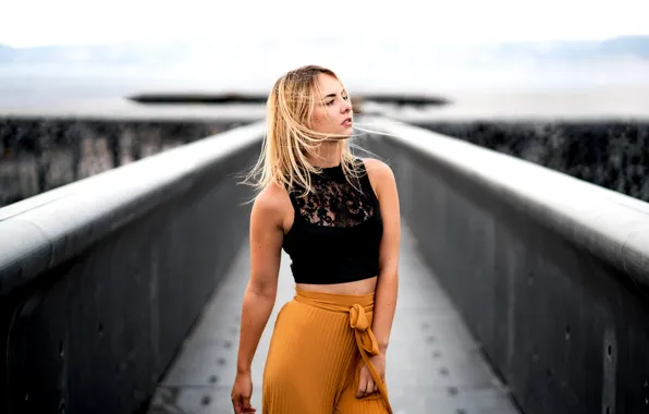 Picture girl, bridge, pose, the wind, hair, blonde