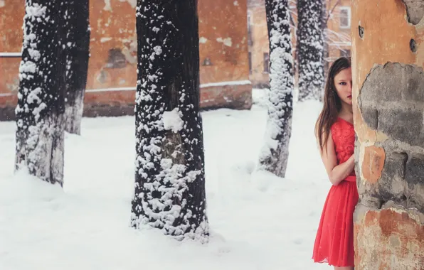 Picture girl, snow, wall, dress, Yevhen Seleznyov