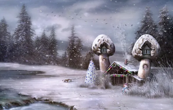 Tale, house, snowman, tree
