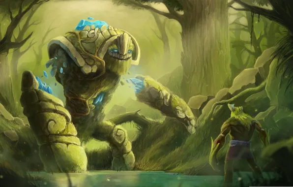 Picture forest, water, art, Dota 2, creep, Tiny, Stone Giant, kunimator