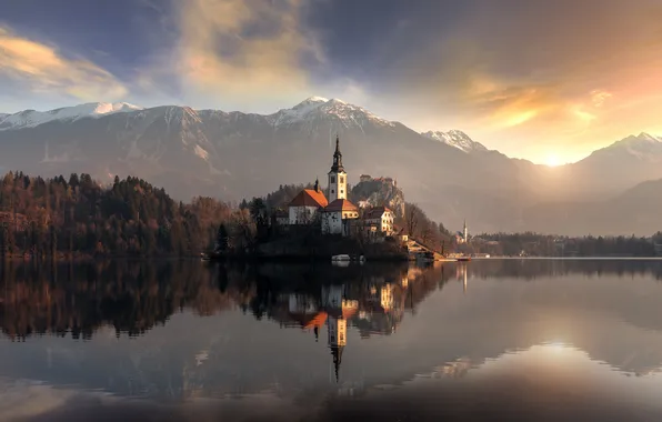 Mountains, lake, pond, Slovenia, Bled castle, Bled