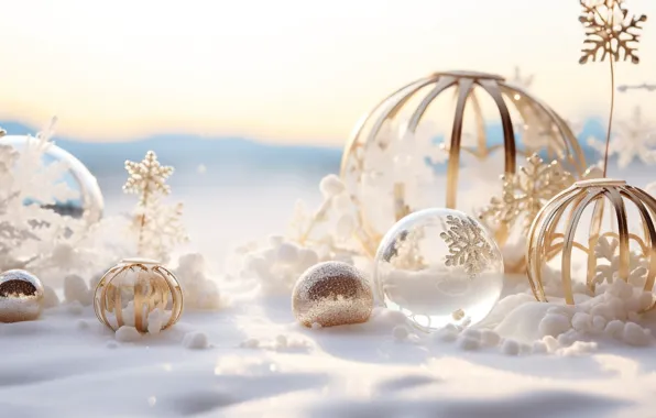 Winter, the sky, balls, light, snow, snowflakes, nature, Christmas