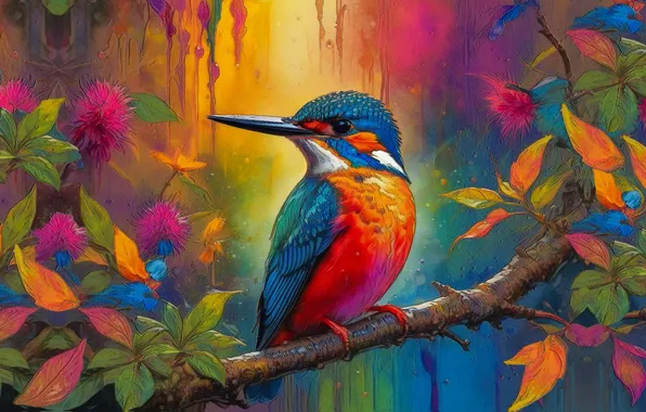 Leaves, flowers, nature, bird, branch, stains, painting, bright colors