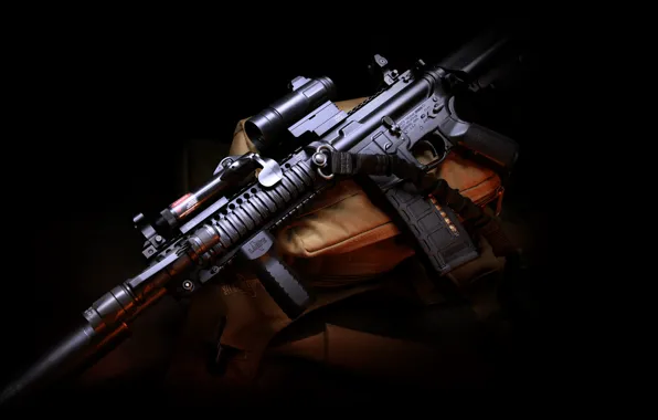 Weapons, gun, bag, twilight, weapon, muffler, hd wallpaper, assault rifle