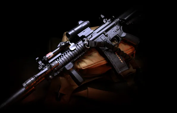 Picture weapons, gun, bag, twilight, weapon, muffler, hd wallpaper, assault rifle