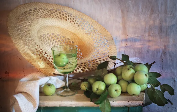 Leaves, apples, glass, towel, hat, green, still life, straw
