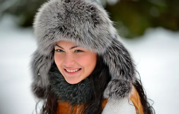 Picture winter, smile, background, mood, hat, portrait, makeup, brunette