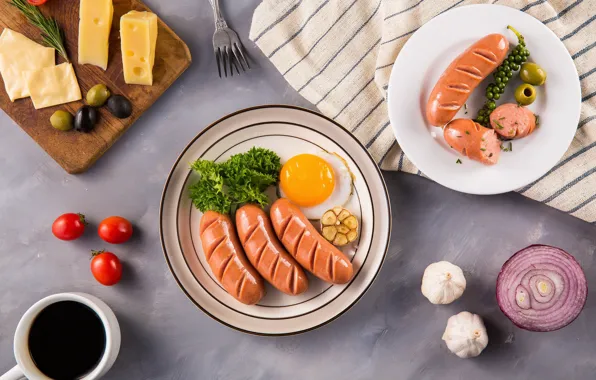 Picture sausage, eggs, cheese, plate, scrambled eggs, tomatoes, olives