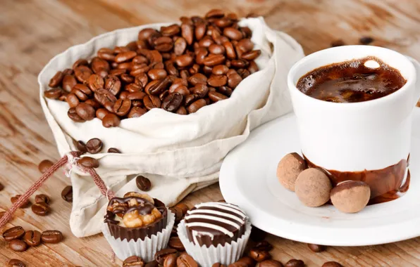 Table, chocolate, candy, Cup, coffee beans, saucer, pouch