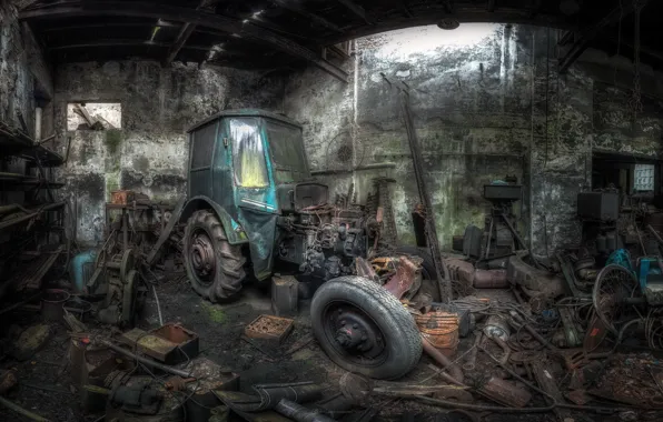 Garage, tractor, naturalism