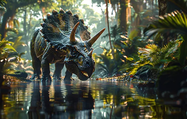 Water, Trees, Dinosaur, Horns, Triceratops, Animal, Digital art, Triceratops