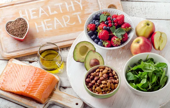 Berries, oil, Apple, fish, len, nuts, almonds, hazelnuts
