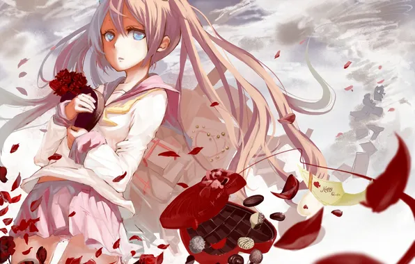 Picture girl, flowers, roses, anime, petals, art, candy, form