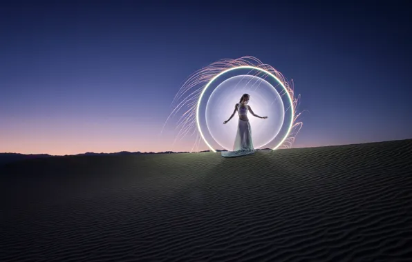 The sky, girl, light, landscape, nature, pose, style, desert