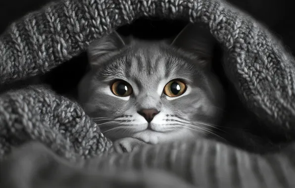 Cat, cat, look, pose, grey, plaid, face, yellow eyes