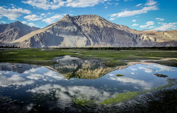 The sky, clouds, mountains, reflection, India, India, Ladakh, Nubra Valley