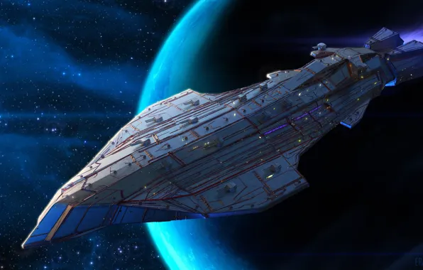 Picture space, stars, planet, spaceship, Kalarian Battleship Shark-Class