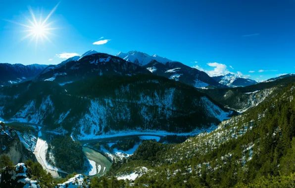 The sun, snow, mountains, the slopes, Switzerland, Alps, canyon, Ruinaulta