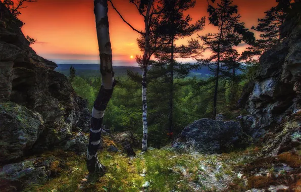 The sun, trees, sunset, nature, Paul Sahaidak, Blue rocks, Ural-Tau