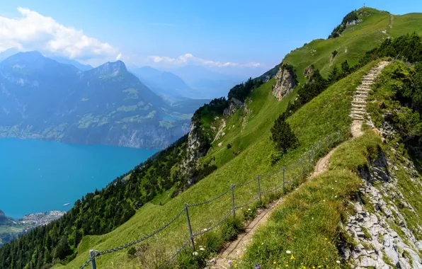 Nature, Lake, Switzerland, Alps, Trail, Landscape, Slope, Top