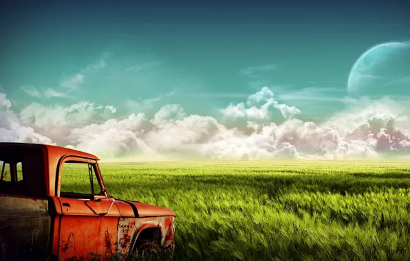 Clouds, Field, truck
