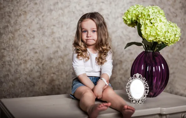 Flowers, mirror, girl, table, vase, child, hydrangea