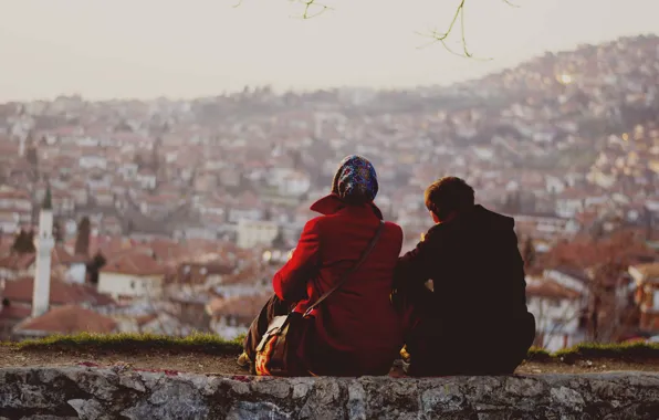 Picture sunset, couple, cityscape, enjoying, Sarajevo