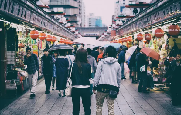 Tokyo, Japan, people, cityscape, market, rainy, everyday life, urban scene