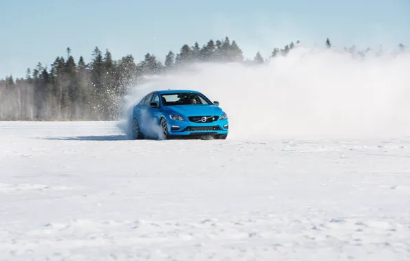 Picture snow, trees, blue, shadow, skid, sedan, s60, volvo