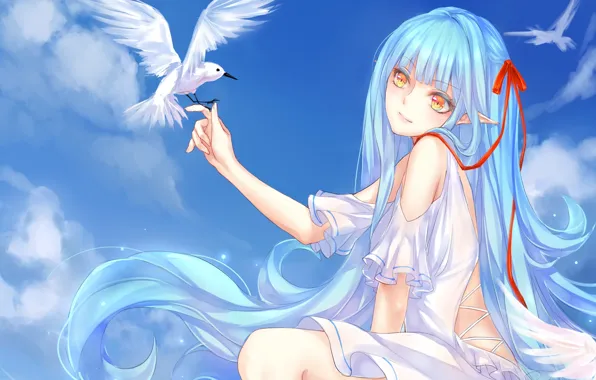 The sky, girl, clouds, birds, smile, anime, art, misaki krokodi