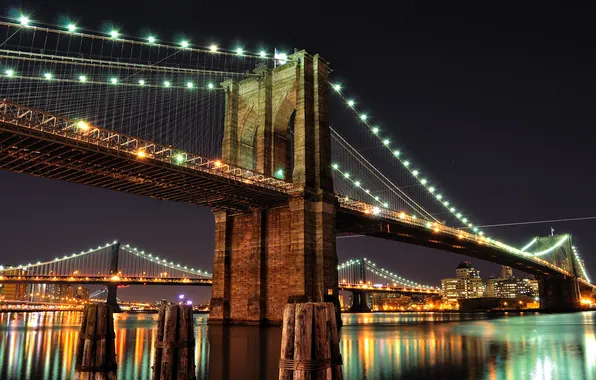 Night, bridge, the city, lights, river, New York, USA, Brooklyn