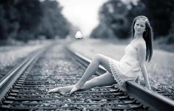 Picture girl, background, railroad