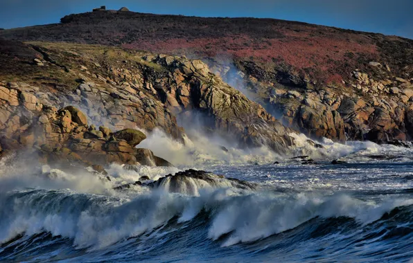 Sea, wave, foam, water, drops, storm, rock, the ocean