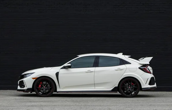 Picture white, wall, Honda, side view, hatchback, the five-door, 2019, Civic Type R