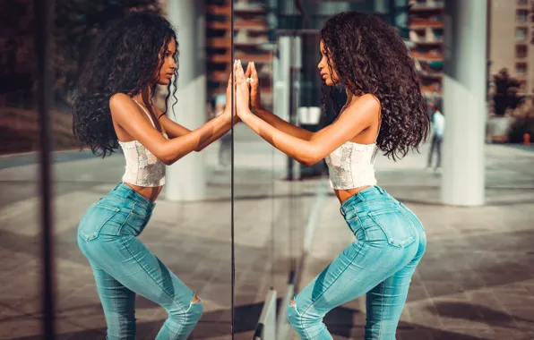 Picture glass, girl, pose, reflection, jeans, figure, curls, Marco Squassina