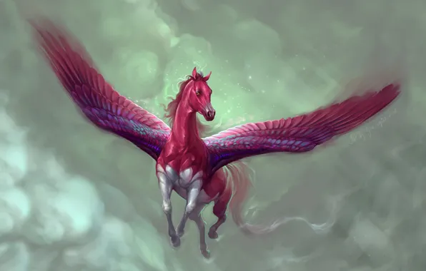 Picture The sky, Clouds, Horse, Figure, Flight, Wings, Fantasy, Art