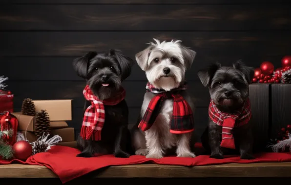 Dogs, look, pose, portrait, dog, Christmas, New year, trio