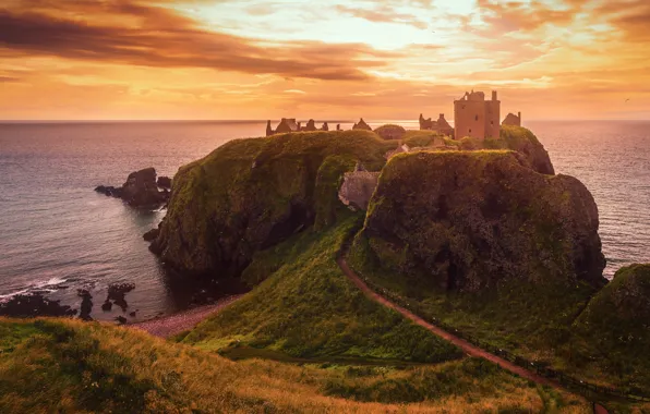 Picture road, sea, sunset, castle, rocks, Wallpaper from lolita777